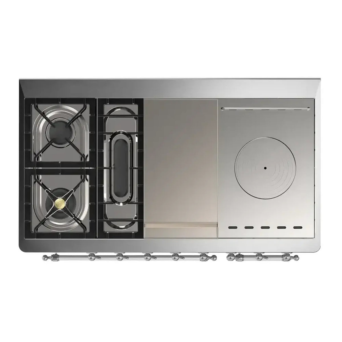 Stainless dual fuel range with open compartments showing burners and control panel