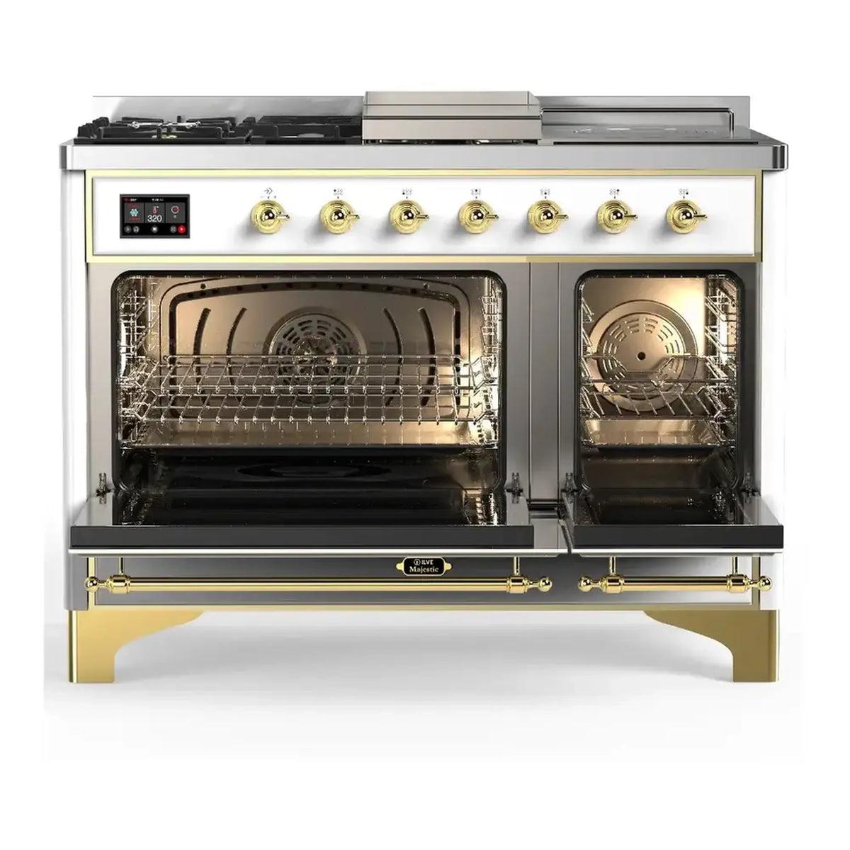 Dual fuel range with open electric oven showing racks and interior cook cavity