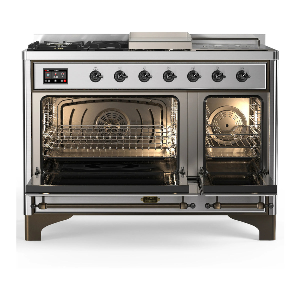 Stainless steel dual fuel range with both oven doors open and interior racks inside