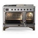 ILVE Majestic III 48-inch Dual Fuel Range with 5 Natural Gas Burner, Griddle, French Top and Solid Door Electric Oven in Stainless Steel with Burnished Trim (UM48FSQNR3SSB)