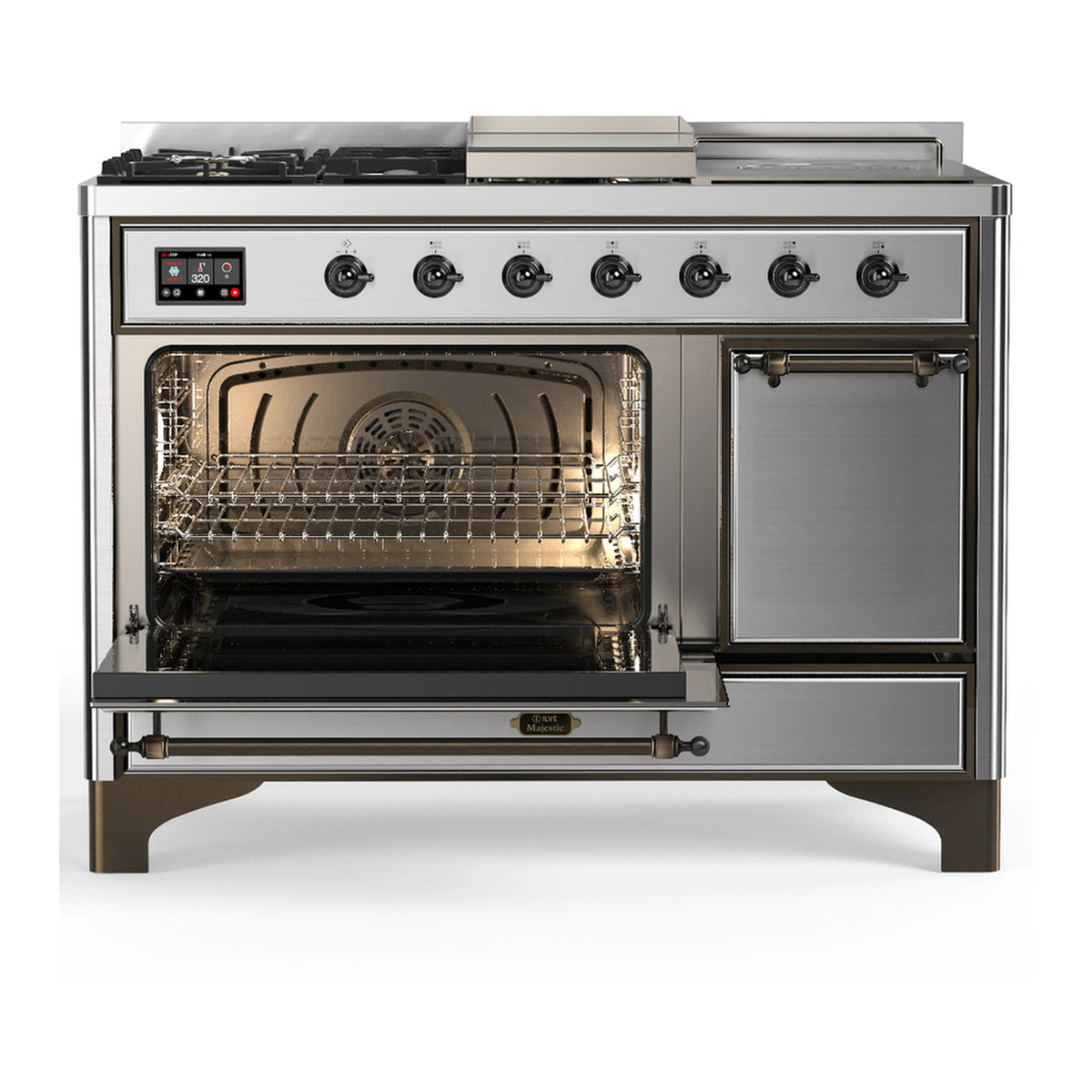 Stainless steel dual fuel range with one oven door open and broil/heat interior visible