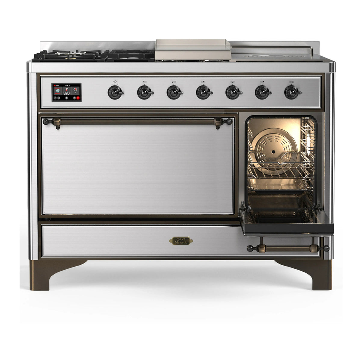 Stainless steel dual fuel range with right oven door closed and lit interior window