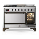 ILVE Majestic III 48-inch Dual Fuel Range with 5 Natural Gas Burner, Griddle, French Top and Solid Door Electric Oven in Stainless Steel with Burnished Trim (UM48FSQNR3SSB)