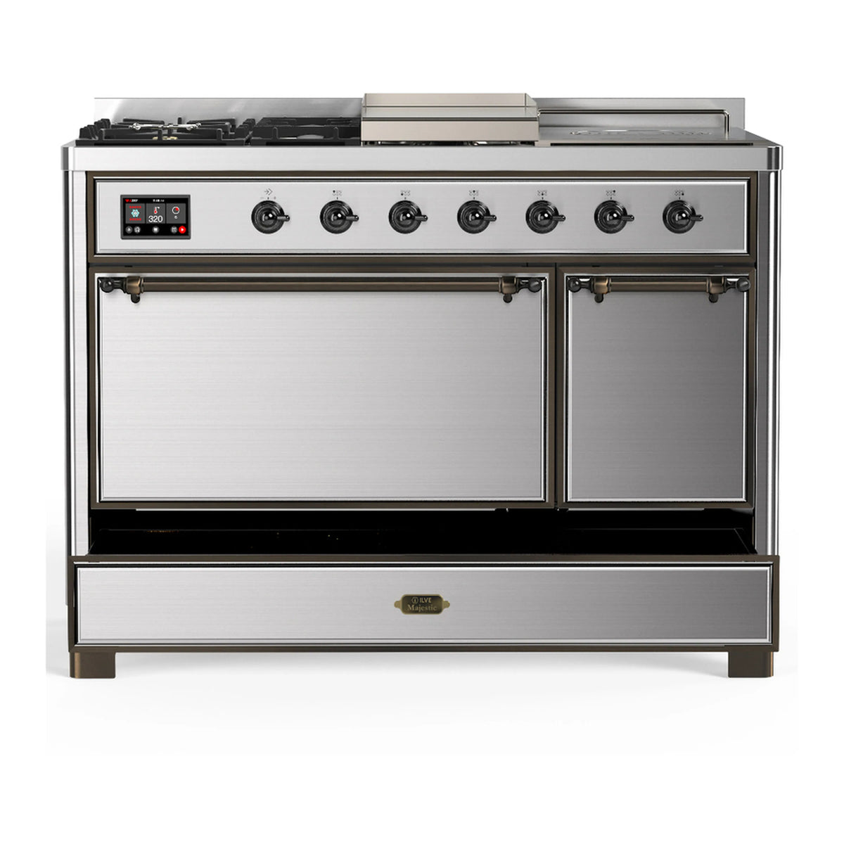 Stainless steel dual fuel range with front control knobs and two cabinet doors