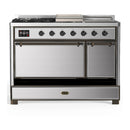 ILVE Majestic III 48-inch Dual Fuel Range with 5 Natural Gas Burner, Griddle, French Top and Solid Door Electric Oven in Stainless Steel with Burnished Trim (UM48FSQNR3SSB)