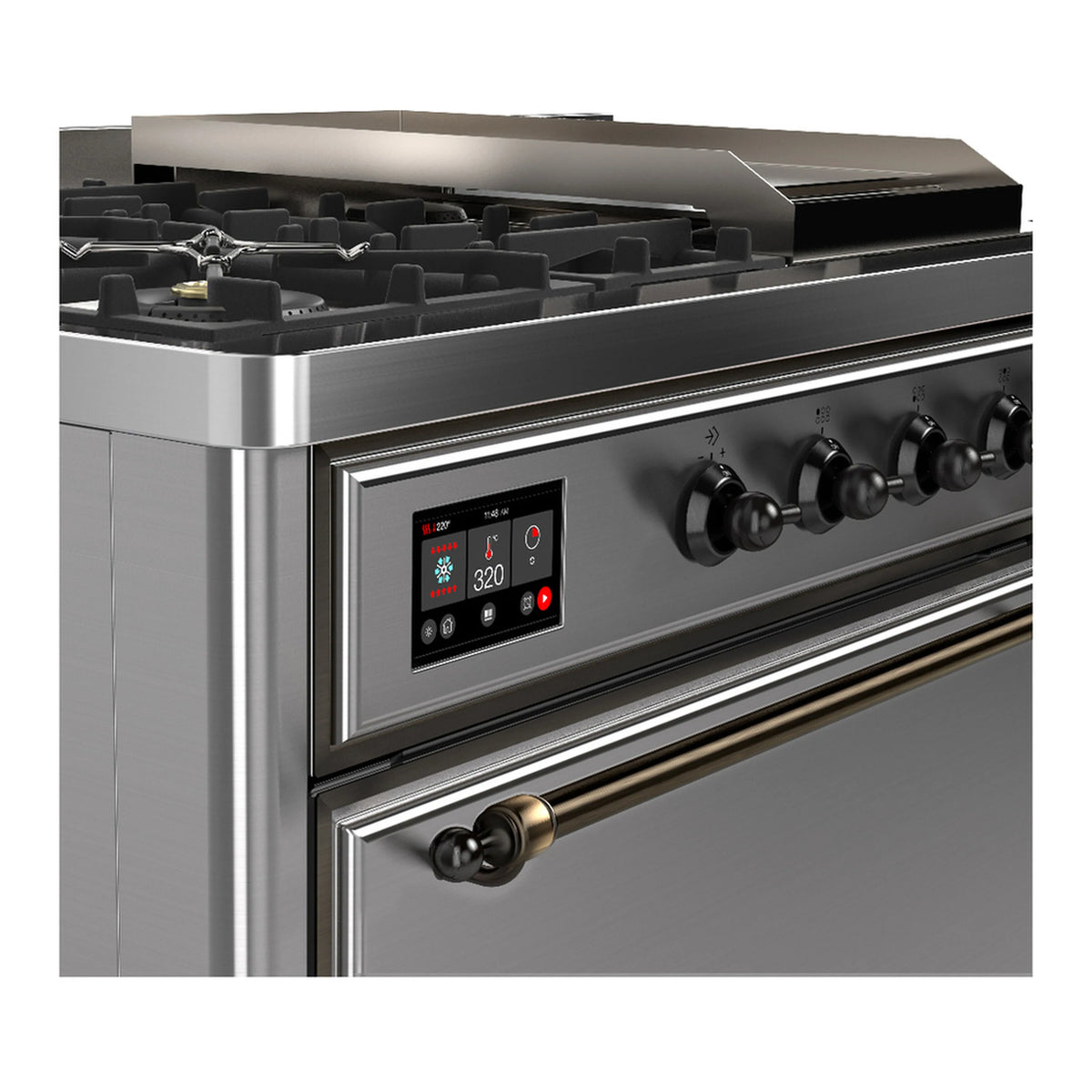 Stainless steel dual fuel range control panel with digital display and burner knobs
