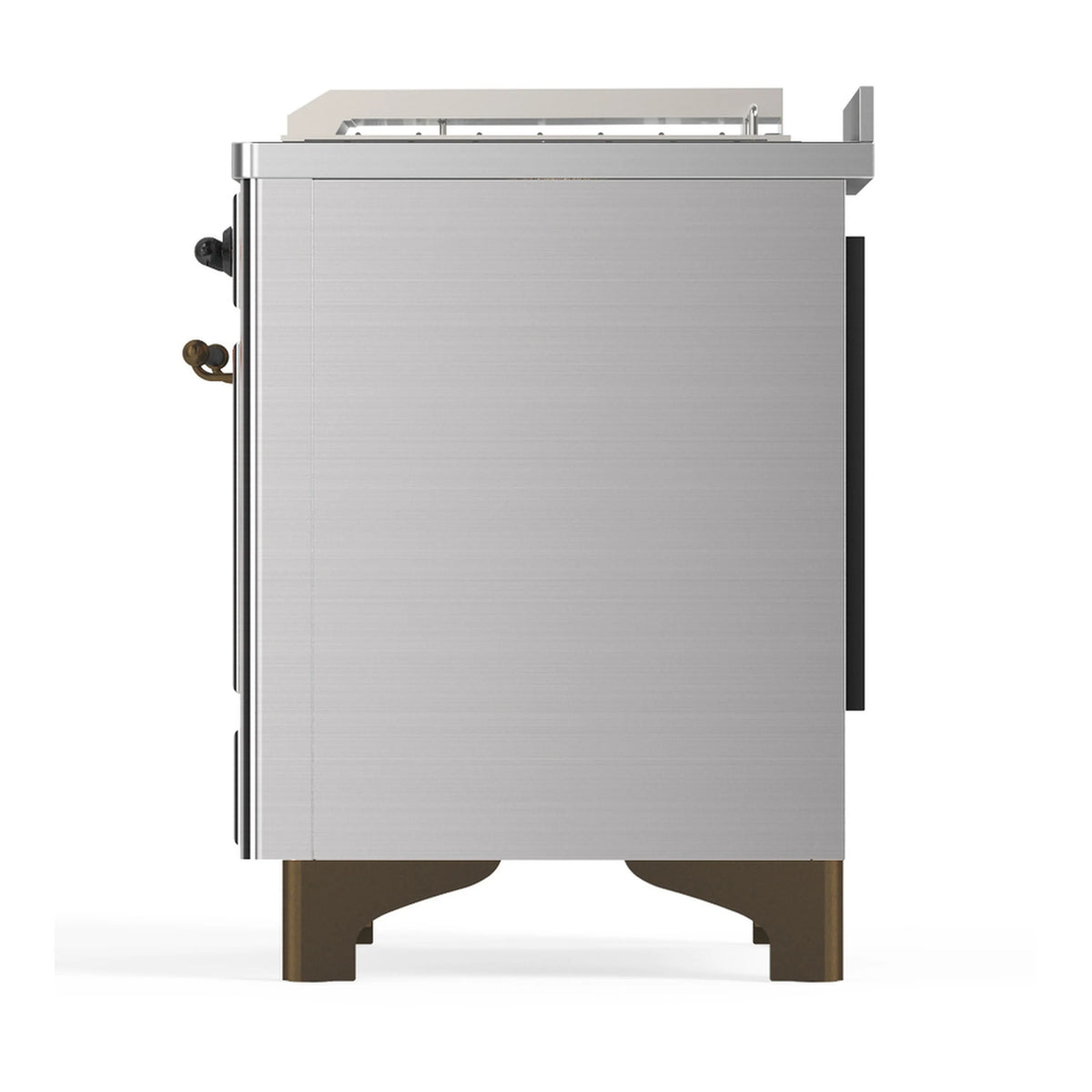 Stainless steel dual fuel range rear-side view with panel edges and side handles