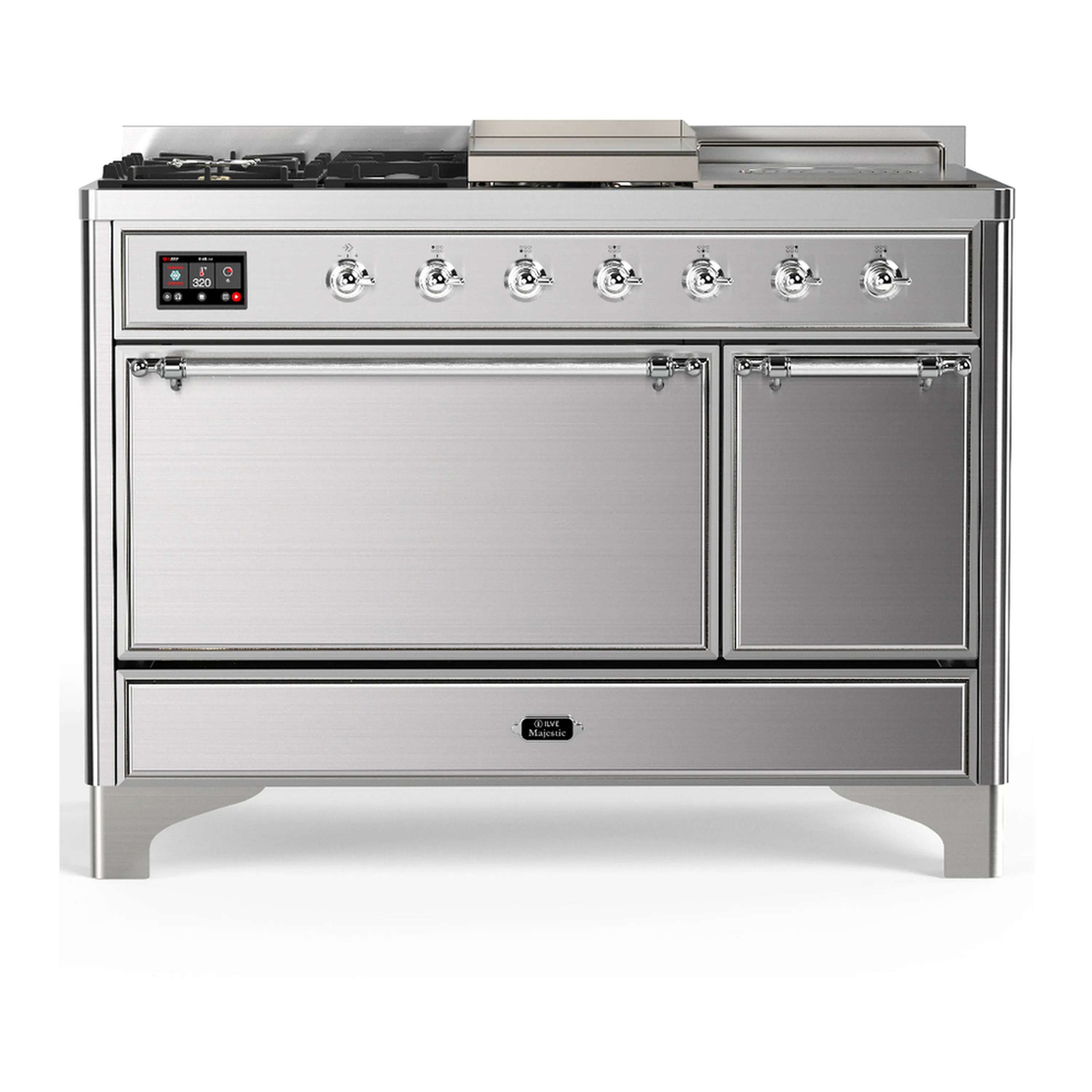 Stainless steel dual fuel range with six gas burner knobs and two oven doors