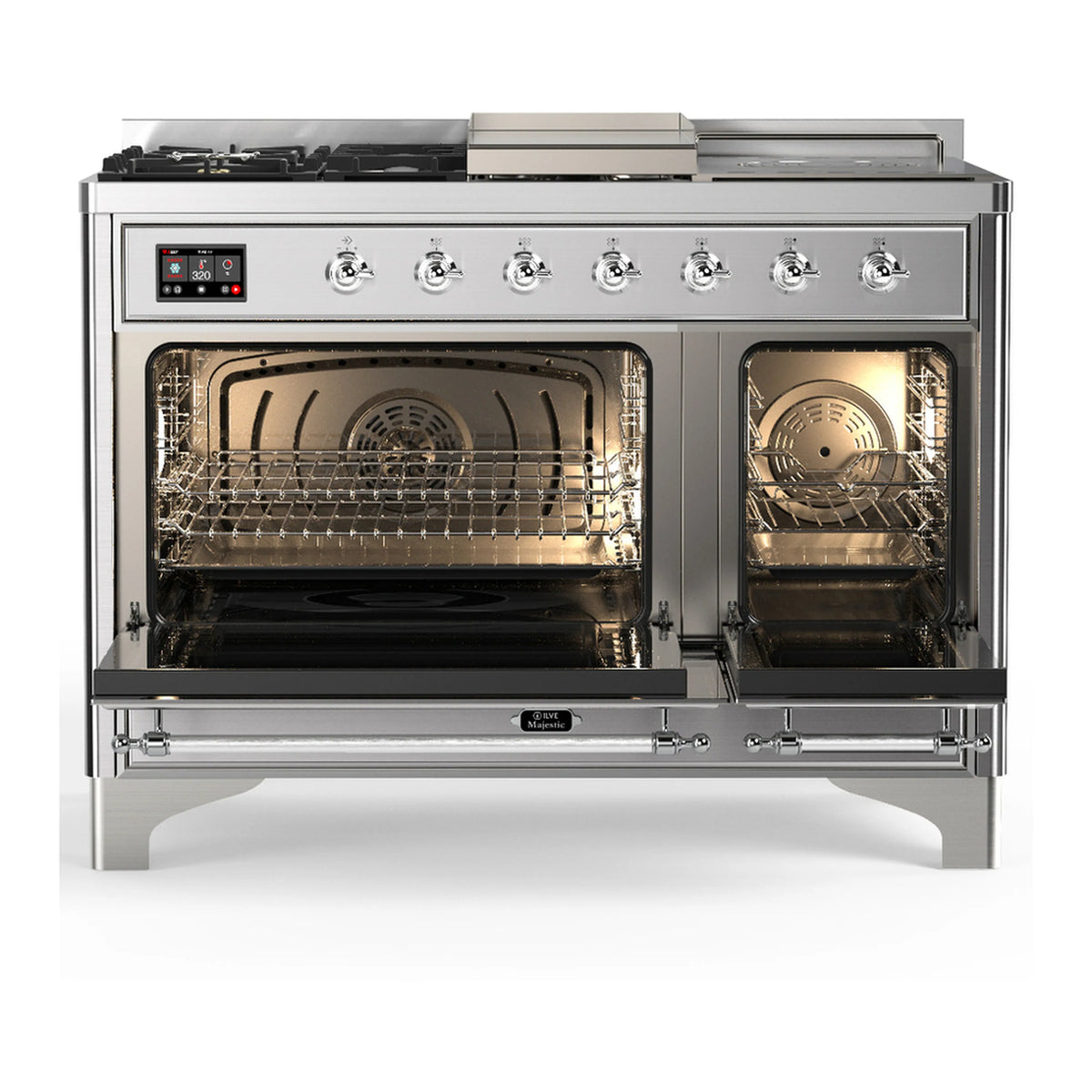 Stainless steel dual fuel range with open oven doors showing racks and warm interior light