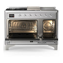 ILVE Majestic III 48-inch Dual Fuel Range with 5 Liquid Propane Burner, Griddle, French Top and Solid Door Electric Oven in Stainless Steel with Chrome Trim (UM48FSQNR3SSCLP)