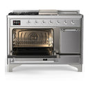 ILVE Majestic III 48-inch Dual Fuel Range with 5 Natural Gas Burner, Griddle, French Top and Solid Door Electric Oven in Stainless Steel with Chrome Trim (UM48FSQNR3SSC)