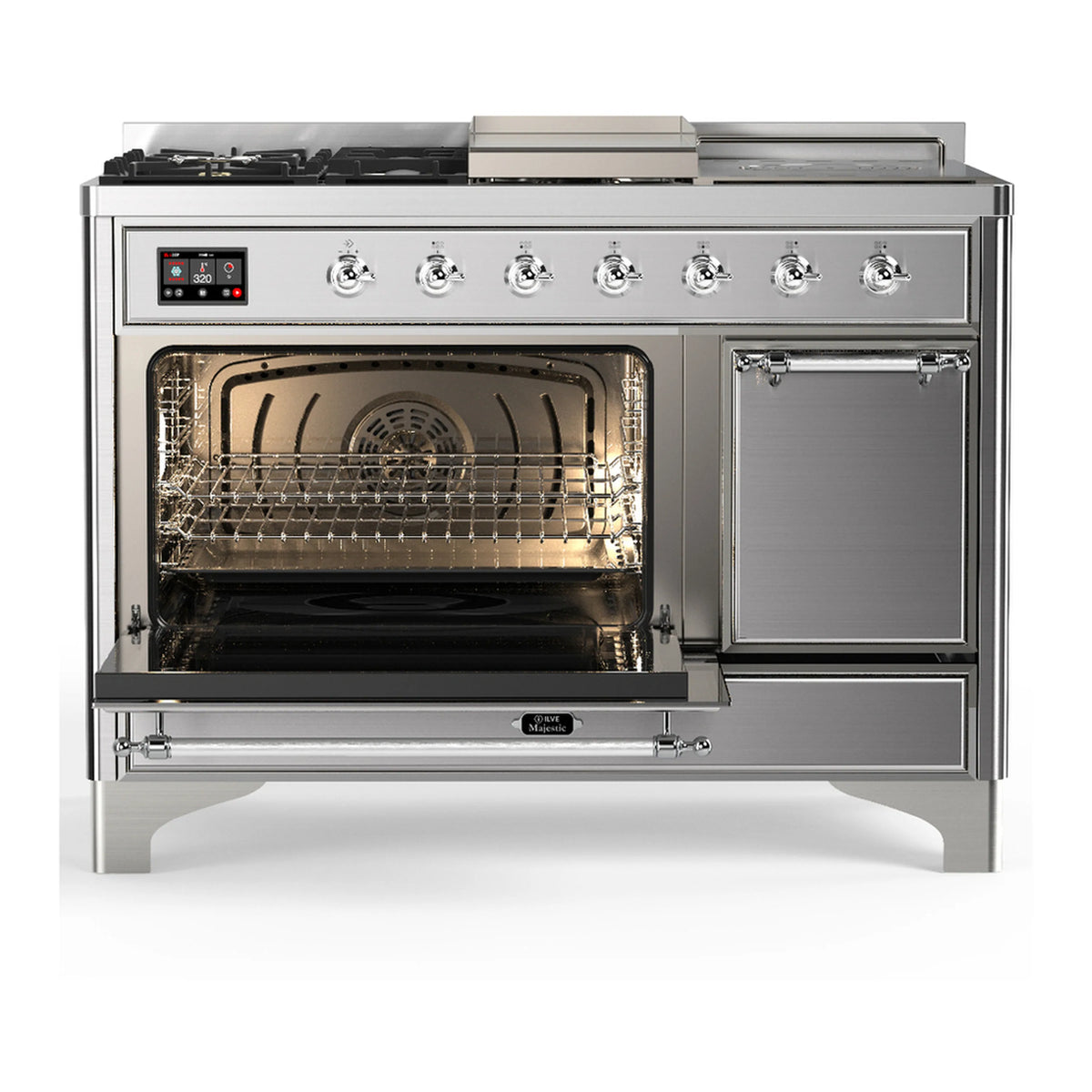 Stainless steel dual fuel range with oven door open and interior visible with racks and burner grate