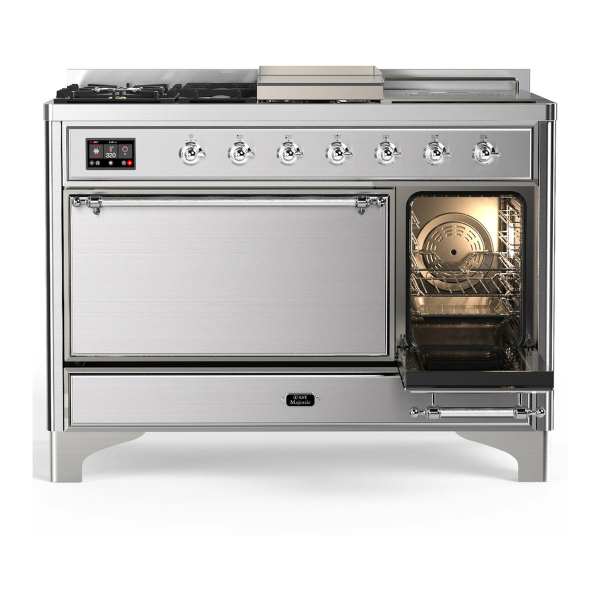 Stainless steel dual fuel range with right oven door open, showing interior racks and fan housing