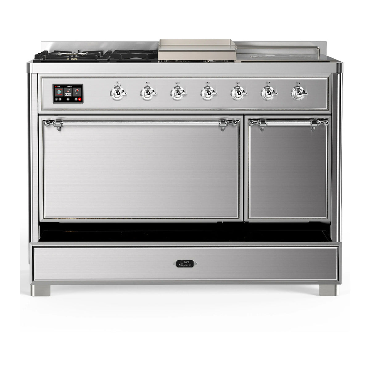 Stainless steel dual fuel range with chrome handles and closed upper doors plus bottom drawer