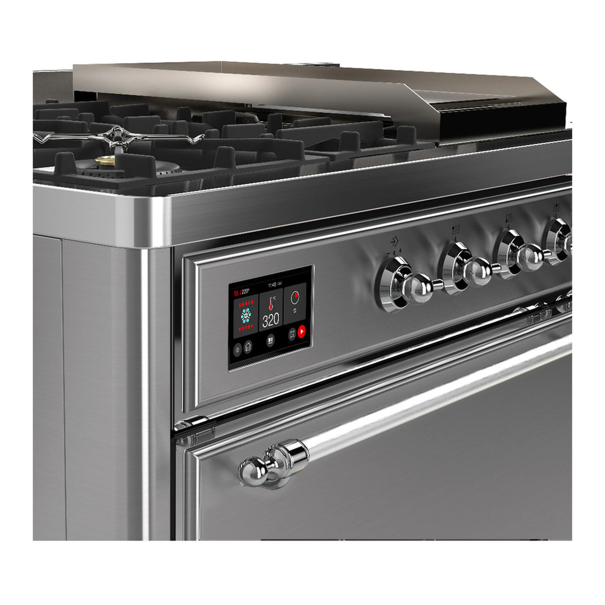 Stainless steel range front control panel with knob switches and digital display