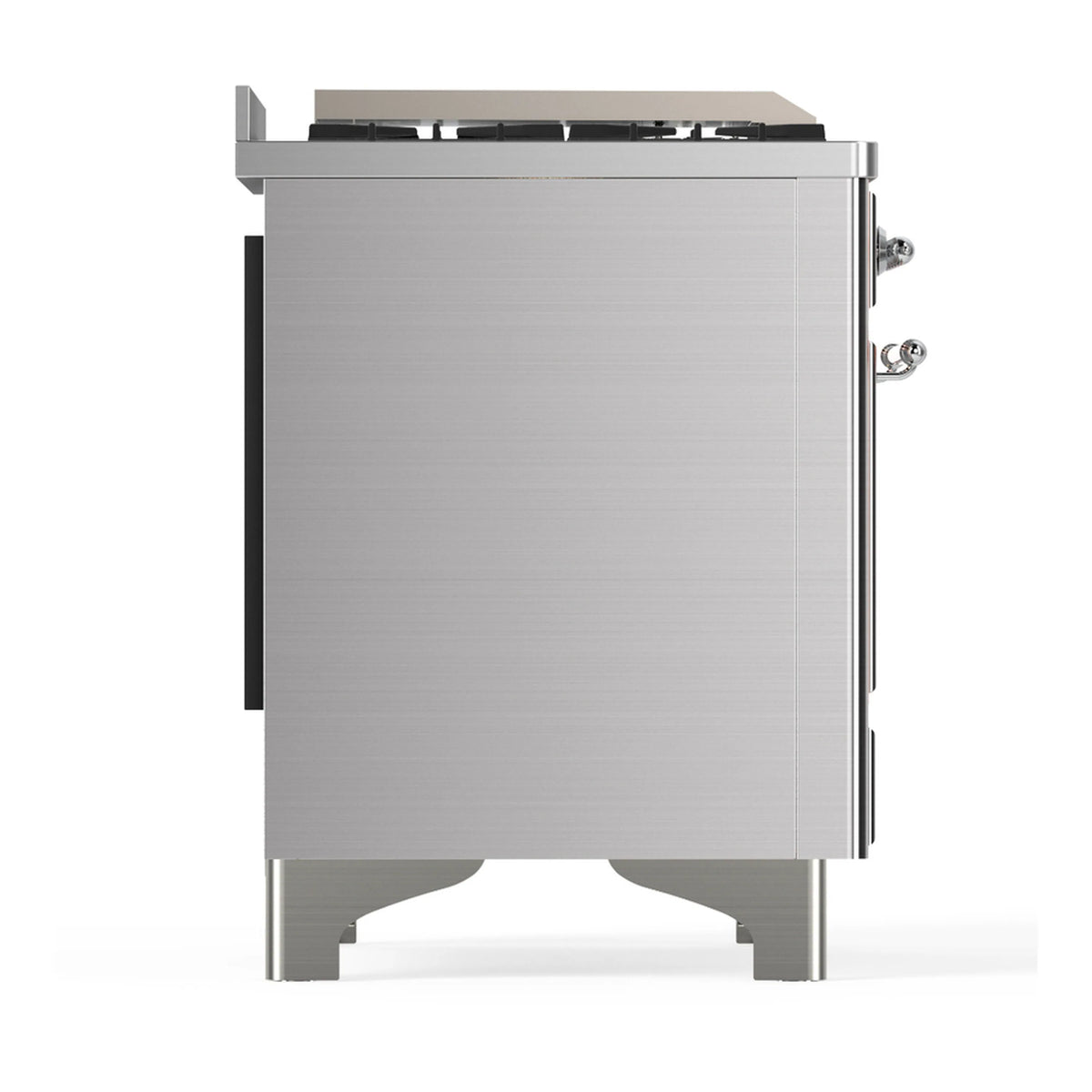 Stainless steel dual fuel range side view with black side panel trim and control knobs