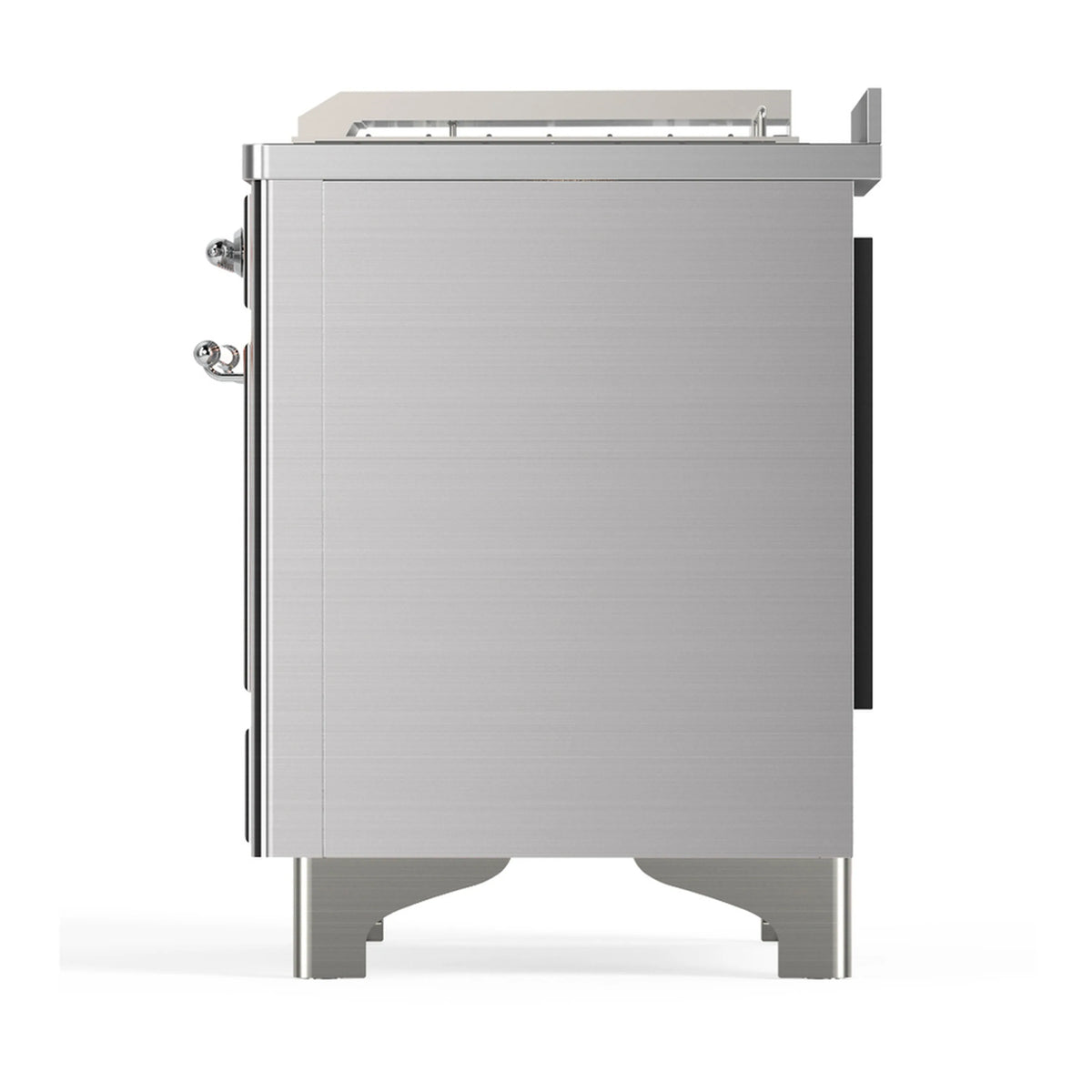 Stainless steel range side panel with rear view, large vent cover, and leveling legs