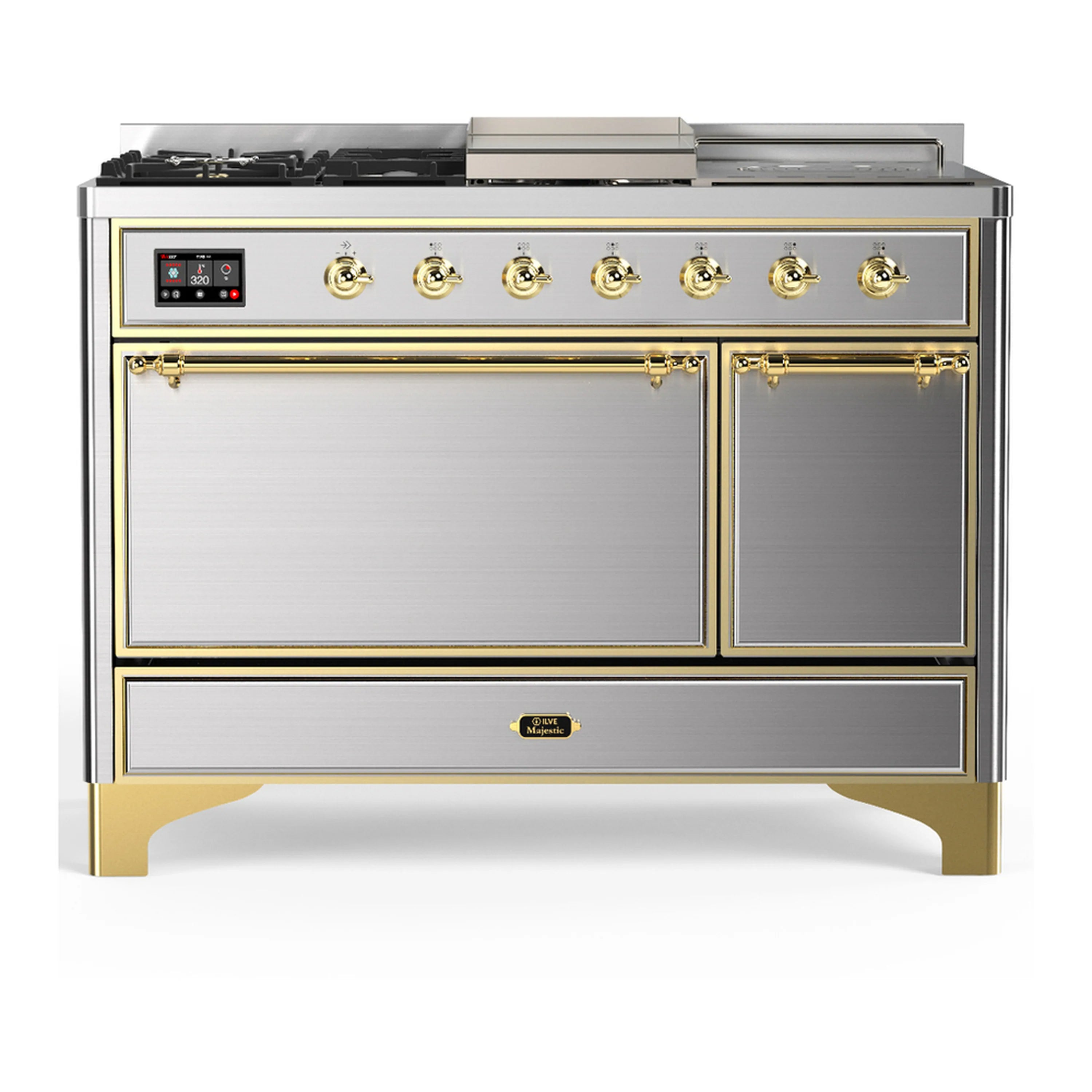 Stainless steel dual fuel range with brass trim, solid doors, and control panel