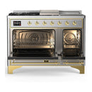 ILVE Majestic III 48-inch Dual Fuel Range with 5 Natural Gas Burner, Griddle, French Top and Solid Door Electric Oven in Stainless Steel with Brass Trim (UM48FSQNR3SSG)