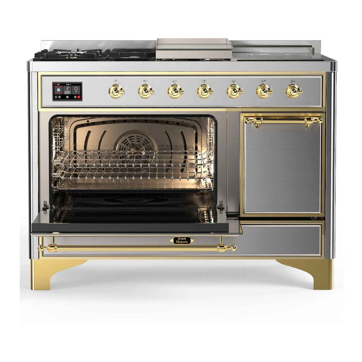 Stainless steel range with one oven door open, revealing oven racks and interior fan.