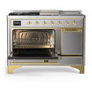 ILVE Majestic III 48-inch Dual Fuel Range with 5 Liquid Propane Burner, Griddle, French Top and Solid Door Electric Oven in Stainless Steel with Brass Trim (UM48FSQNR3SSGLP)