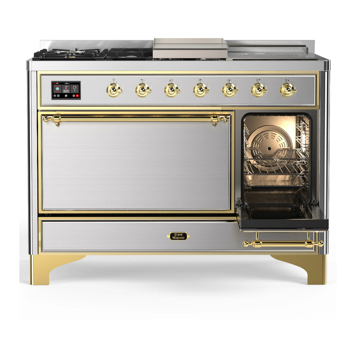 Stainless steel range with lower drawer open and upper oven door open, brass trim.
