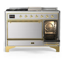 ILVE Majestic III 48-inch Dual Fuel Range with 5 Liquid Propane Burner, Griddle, French Top and Solid Door Electric Oven in Stainless Steel with Brass Trim (UM48FSQNR3SSGLP)