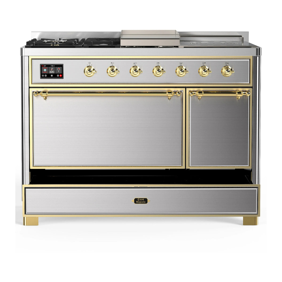 Stainless steel range with closed oven doors and top control panel with brass knobs.