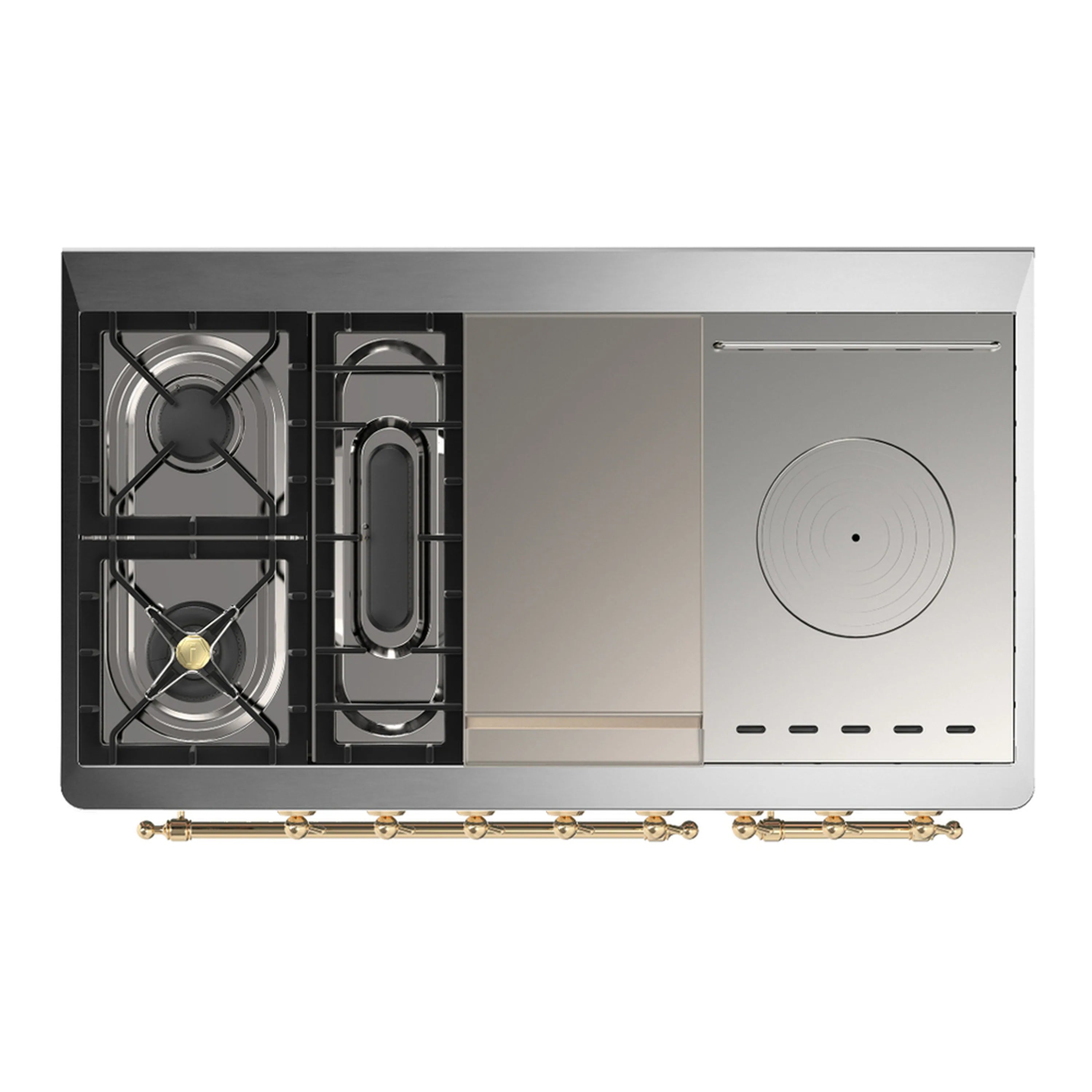 Stainless steel range side view with visible gas burners and control access panel