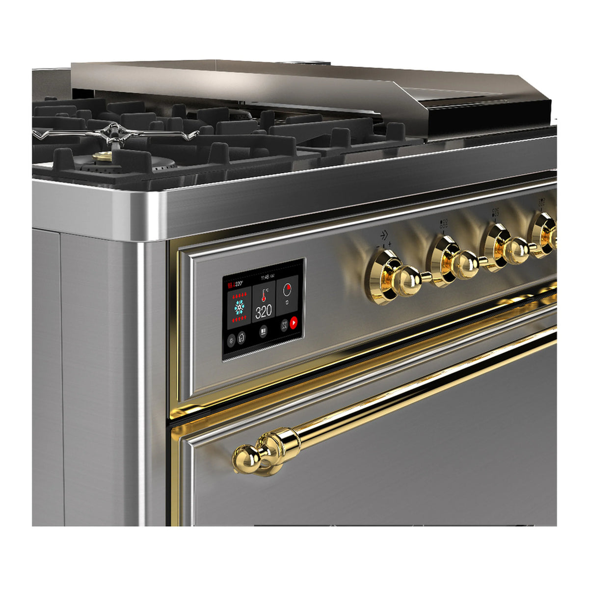 Stainless steel dual fuel range close-up of brass knobs and digital control display