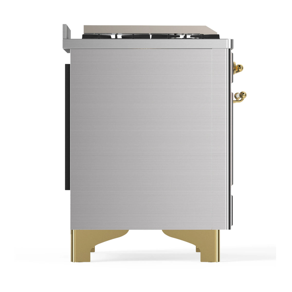 Stainless steel dual fuel range side with open burner area and brass-trim base