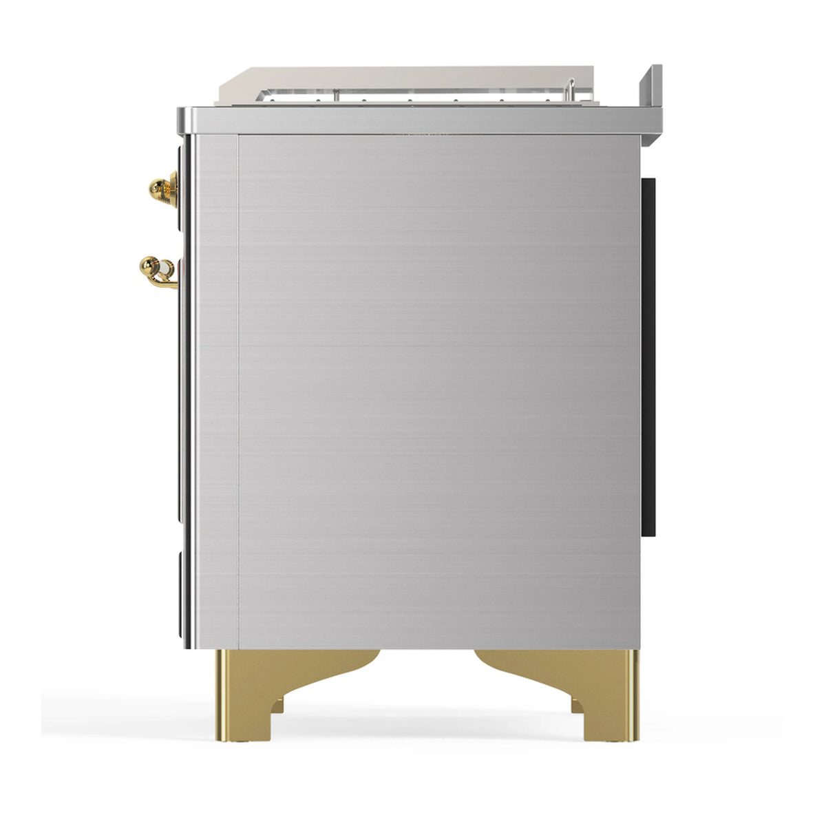 Stainless steel dual fuel range side view with brass legs and side handles