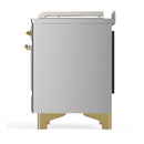 ILVE Majestic III 48-inch Dual Fuel Range with 5 Natural Gas Burner, Griddle, French Top and Solid Door Electric Oven in Stainless Steel with Brass Trim (UM48FSQNR3SSG)