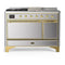 ILVE Majestic III 48-inch Dual Fuel Range with 5 Natural Gas Burner, Griddle, French Top and Solid Door Electric Oven in Stainless Steel with Brass Trim (UM48FSQNR3SSG)