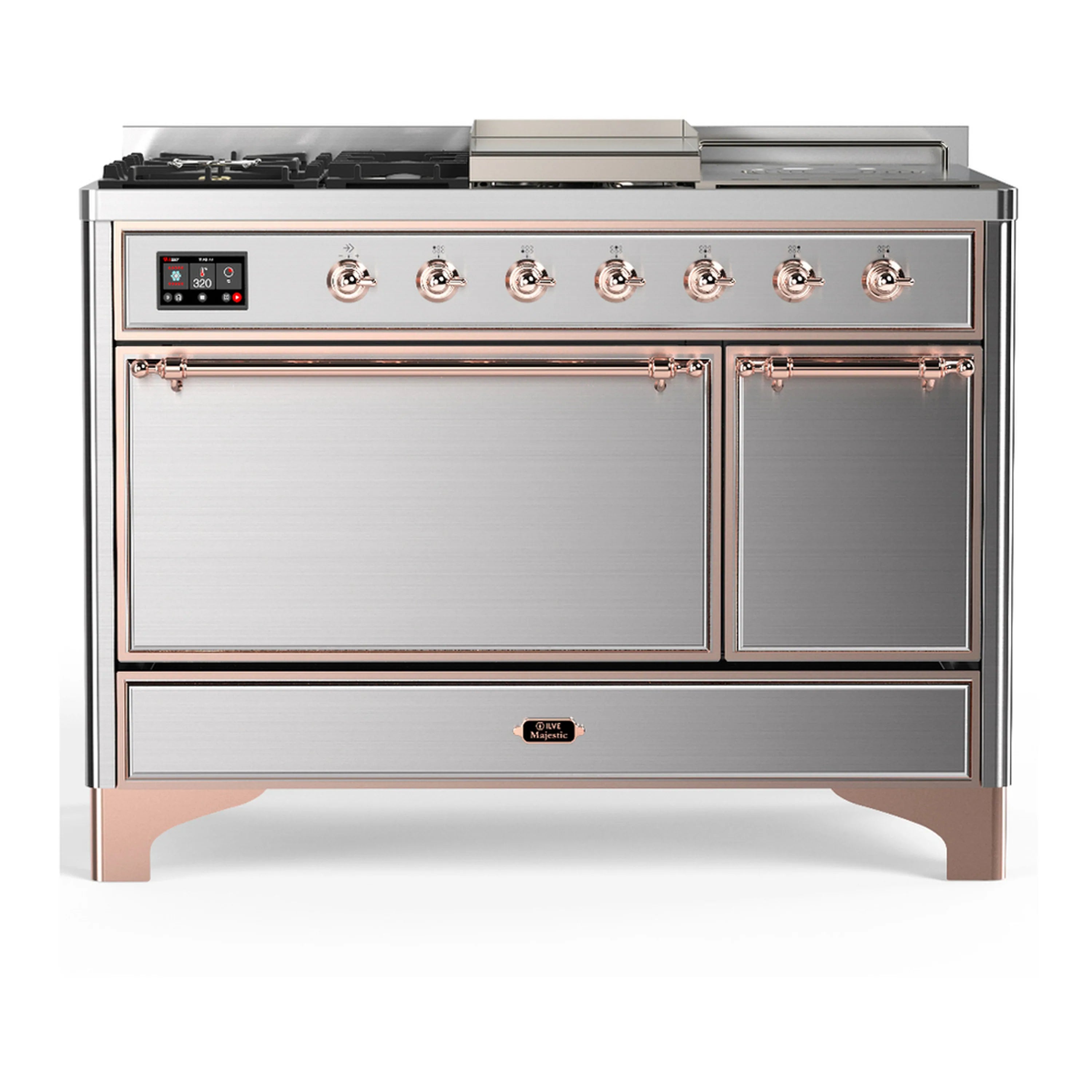 Stainless steel dual fuel range with closed doors and top knob controls, copper trim accents