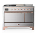 ILVE Majestic III 48-inch Dual Fuel Range with 5 Natural Gas Burner, Griddle, French Top and Solid Door Electric Oven in Stainless Steel with Copper Trim (UM48FSQNR3SSP)