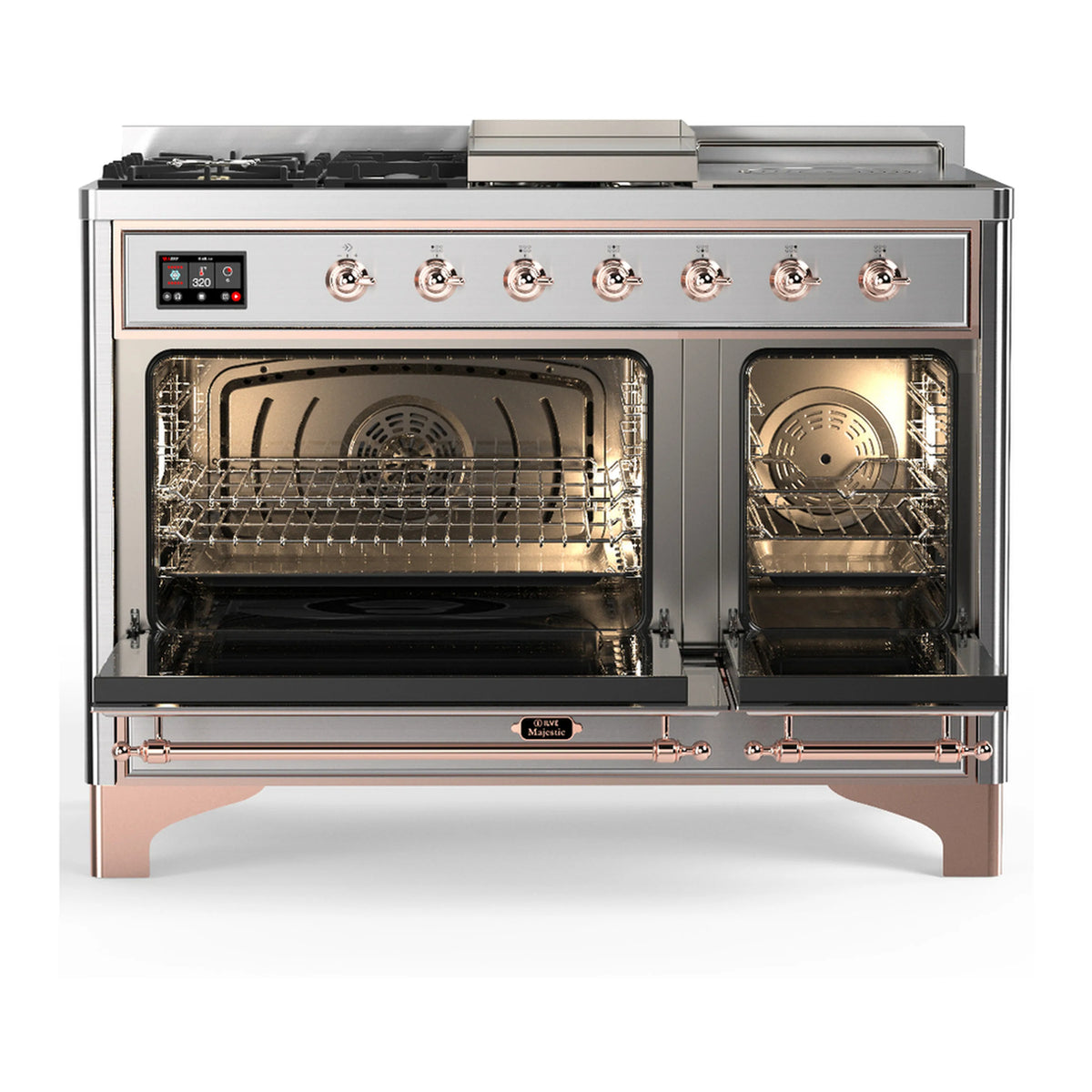 Stainless steel dual fuel range with open ovens, copper trim, and knob control panel
