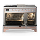 ILVE Majestic III 48-inch Dual Fuel Range with 5 Natural Gas Burner, Griddle, French Top and Solid Door Electric Oven in Stainless Steel with Copper Trim (UM48FSQNR3SSP)