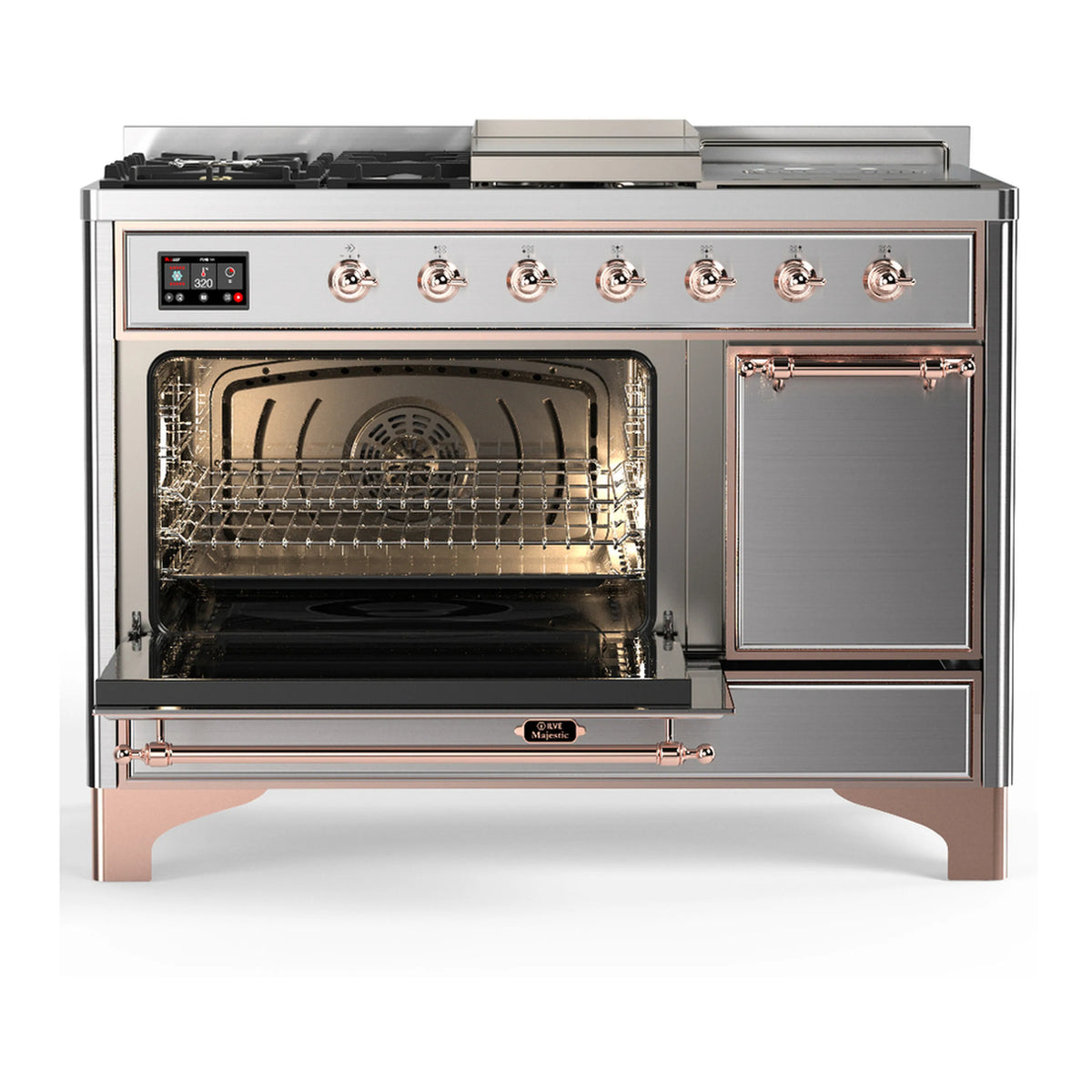 Stainless steel dual fuel range with open oven and side storage door, copper-trim knobs