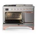 ILVE Majestic III 48-inch Dual Fuel Range with 5 Natural Gas Burner, Griddle, French Top and Solid Door Electric Oven in Stainless Steel with Copper Trim (UM48FSQNR3SSP)