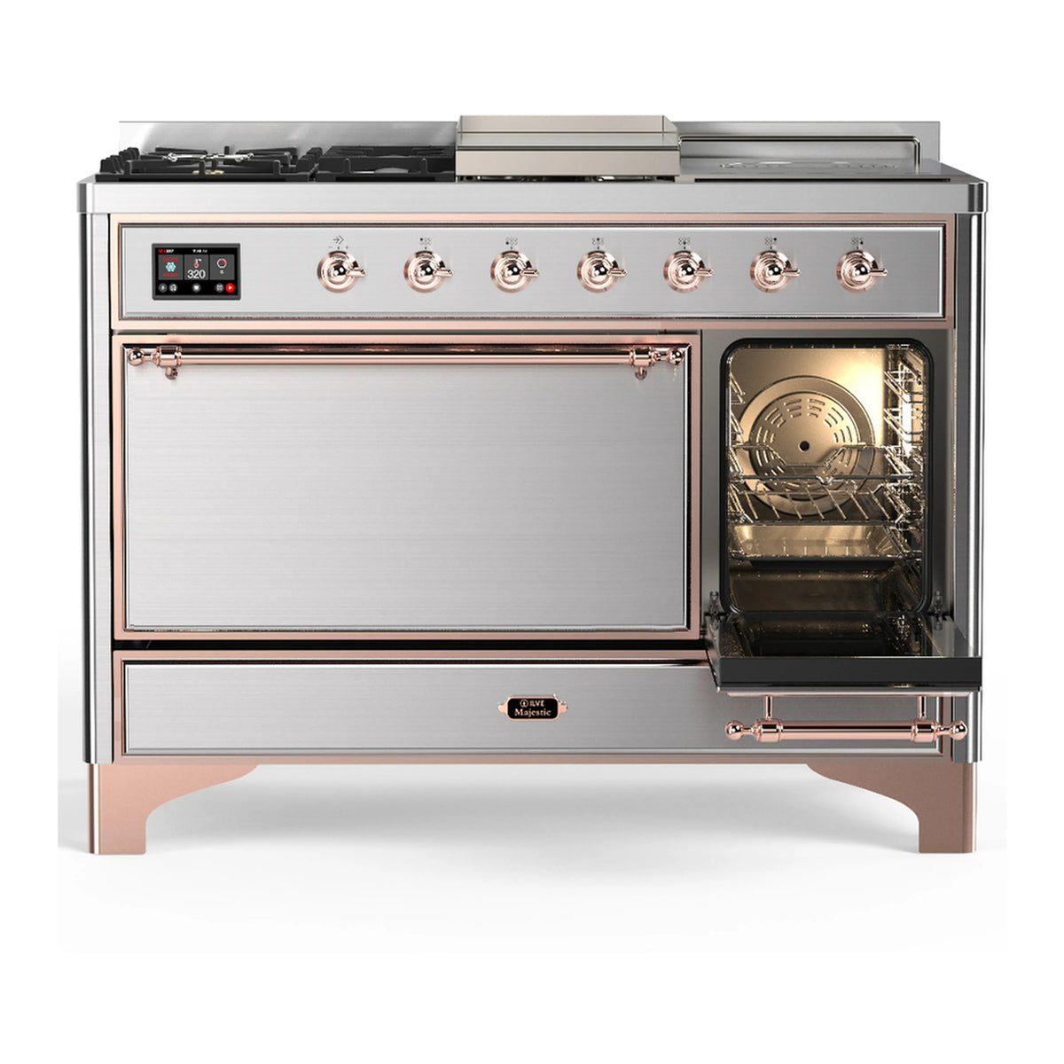 Stainless steel dual fuel range with closed door on left and open oven on right, copper trim