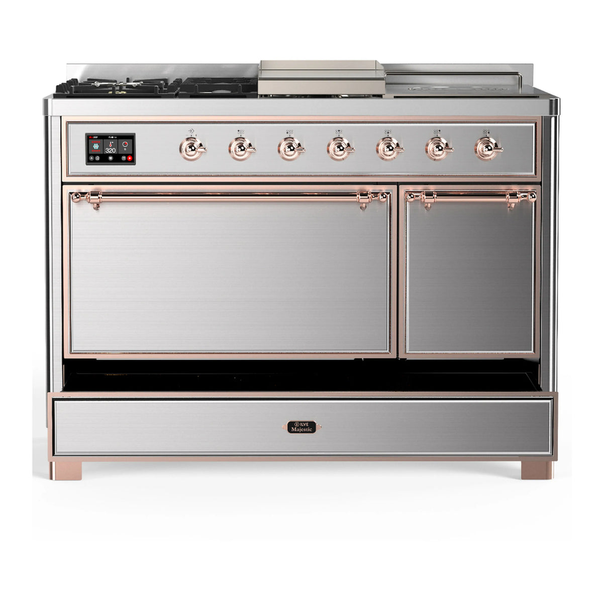 Stainless steel dual fuel range with two large doors and bottom drawer, copper-trim detailing