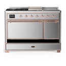 ILVE Majestic III 48-inch Dual Fuel Range with 5 Natural Gas Burner, Griddle, French Top and Solid Door Electric Oven in Stainless Steel with Copper Trim (UM48FSQNR3SSP)