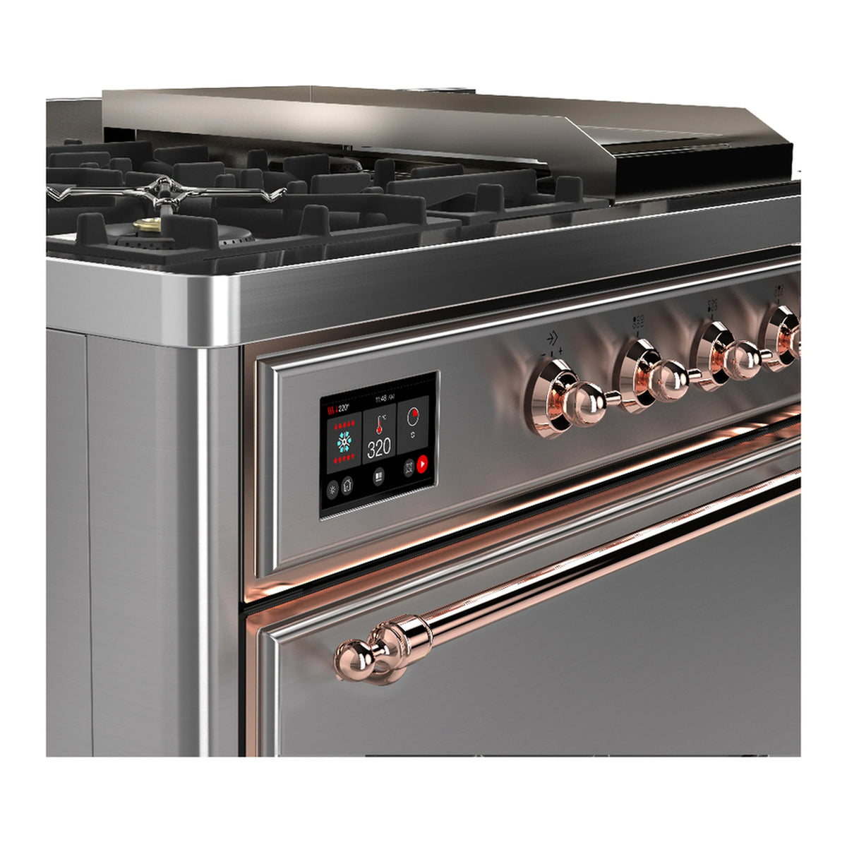 Stainless steel dual fuel range control panel with knobs and copper trim trim detail