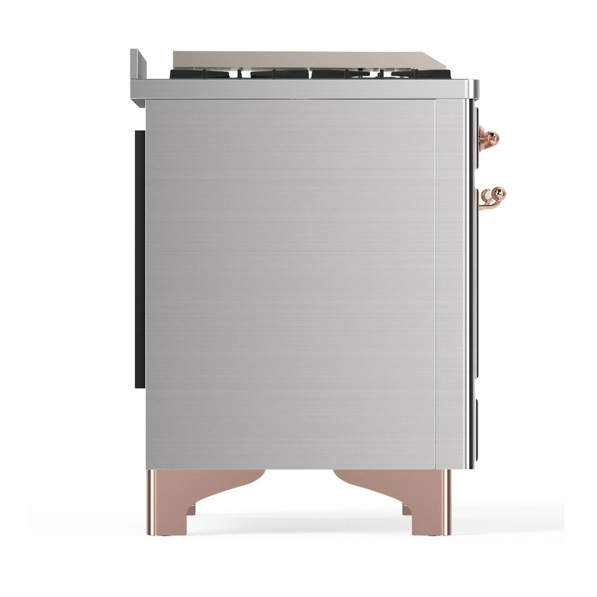 Stainless steel dual fuel range side/back view with copper hardware and panel edges