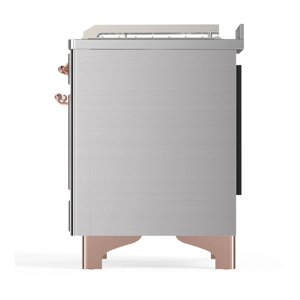 Stainless steel dual fuel range rear view with copper trim feet and side panel doors