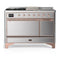 ILVE Majestic III 48-inch Dual Fuel Range with 5 Natural Gas Burner, Griddle, French Top and Solid Door Electric Oven in Stainless Steel with Copper Trim (UM48FSQNR3SSP)