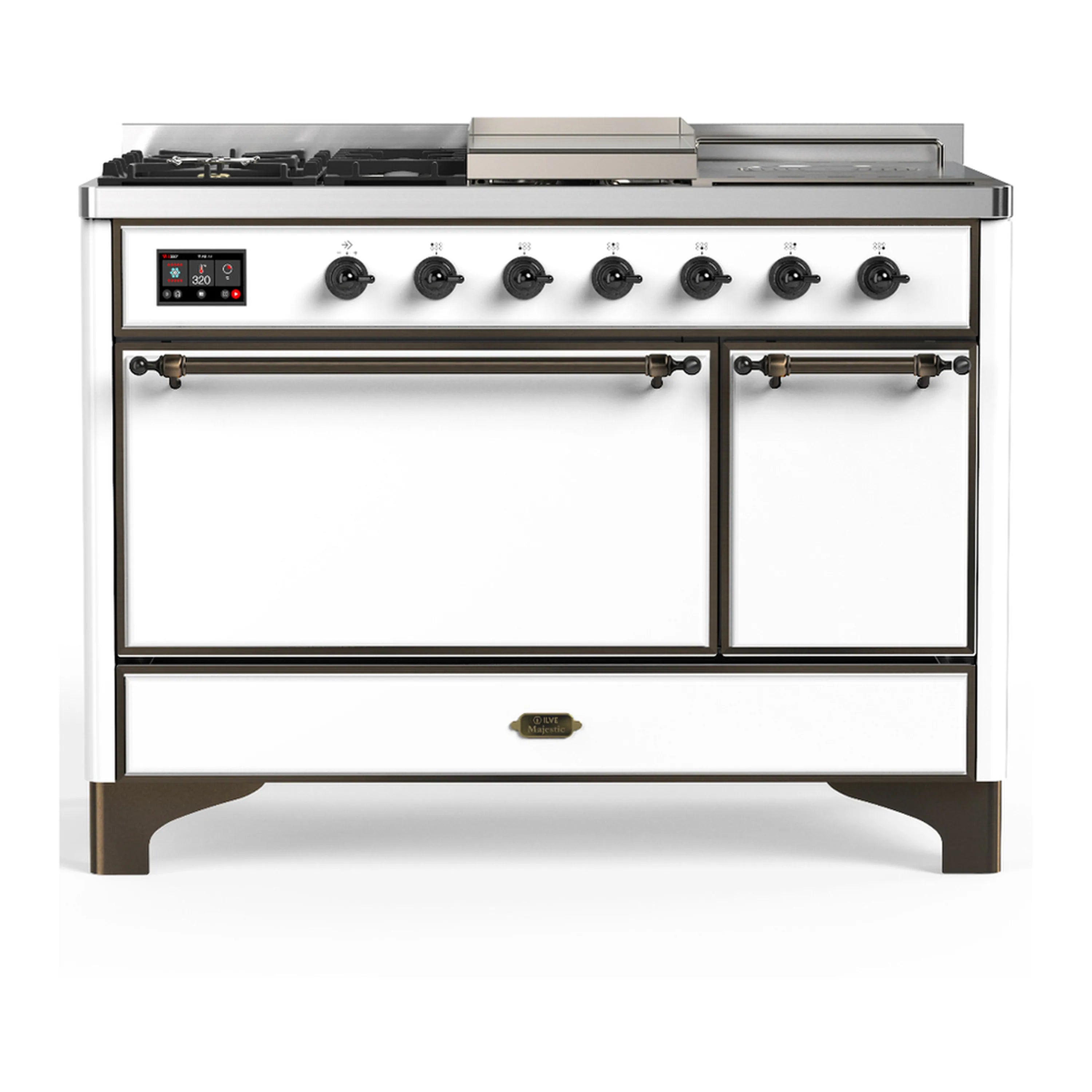 White dual fuel range front view with cooktop burners and double oven doors