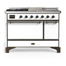 ILVE Majestic III 48-inch Dual Fuel Range with 5 Natural Gas Burner, Griddle, French Top and Solid Door Electric Oven in White with Burnished Trim (UM48FSQNR3WHB)