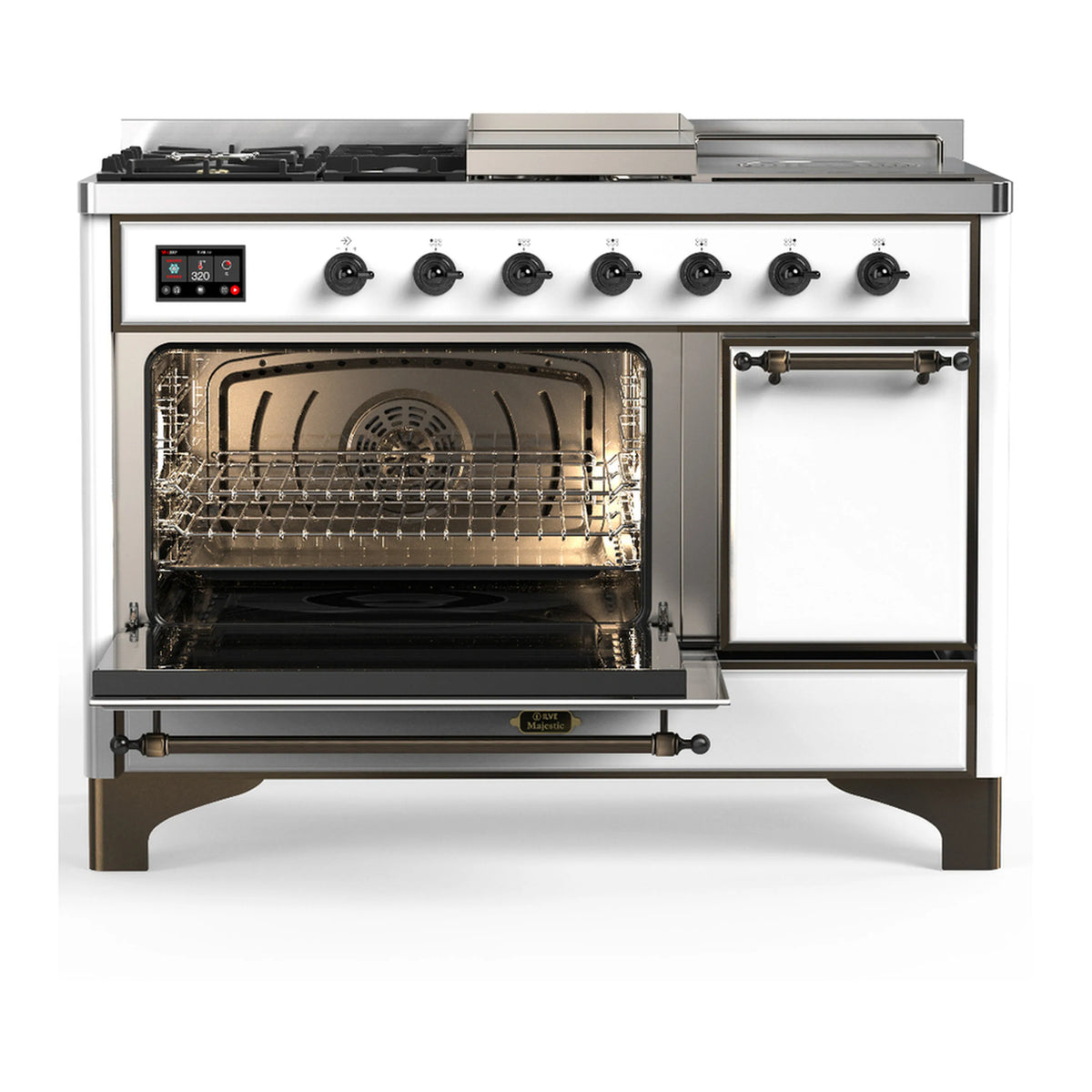 White dual fuel range with black cooktop burners and open electric oven door